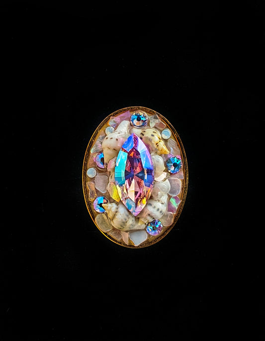 Bague L réglable en acier inoxydable – Cristal, nacre & coquillage – Pièce unique