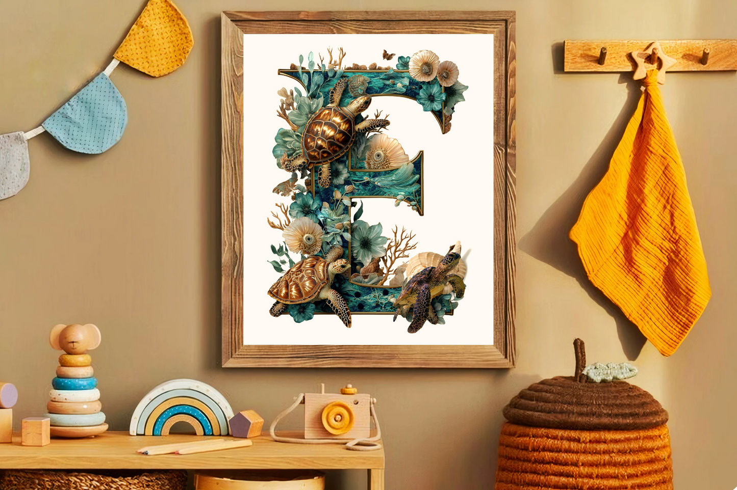 Affiche Lettre Initiale E Océan – Illustration Unique 40x50 cm