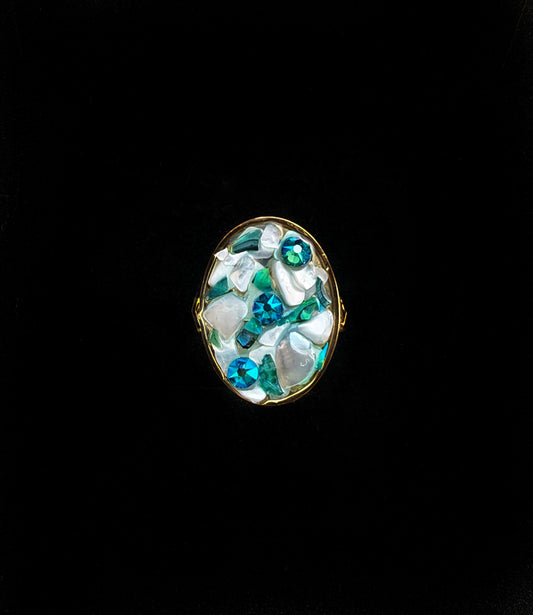 Bague M réglable en acier inoxydable – Cristal, nacre & coquillage – Pièce unique